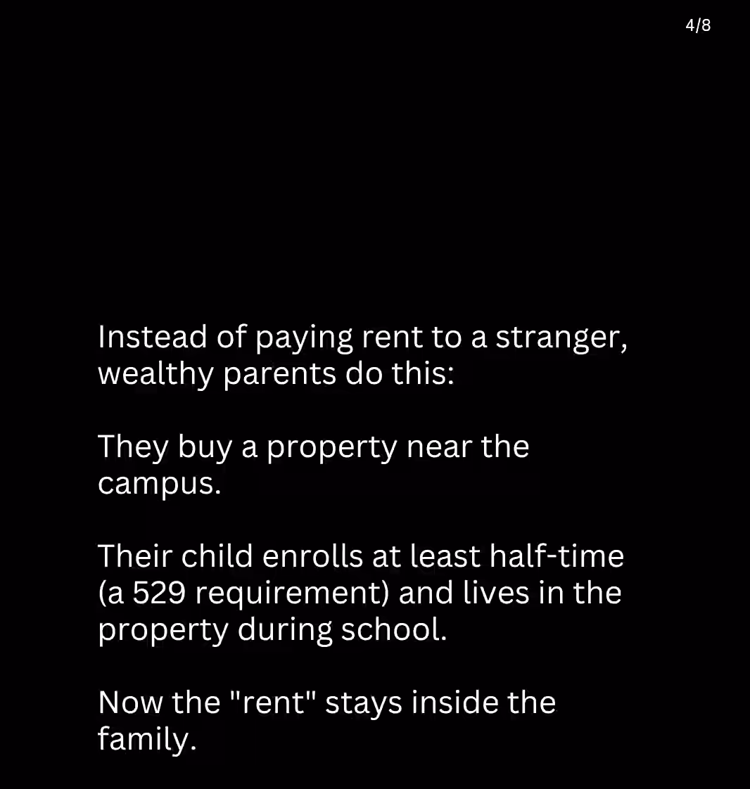 An instagram screenshot of post recommending use of 529 distributions to pay rent to pay a mortgage.