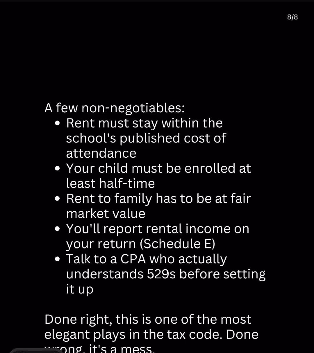 An instagram screenshot of post recommending use of 529 distributions to pay rent to pay a mortgage.